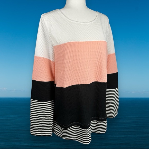 Source Unknown Tops - Women’s waffle knit long sleeve coral pink white black striped design top XL